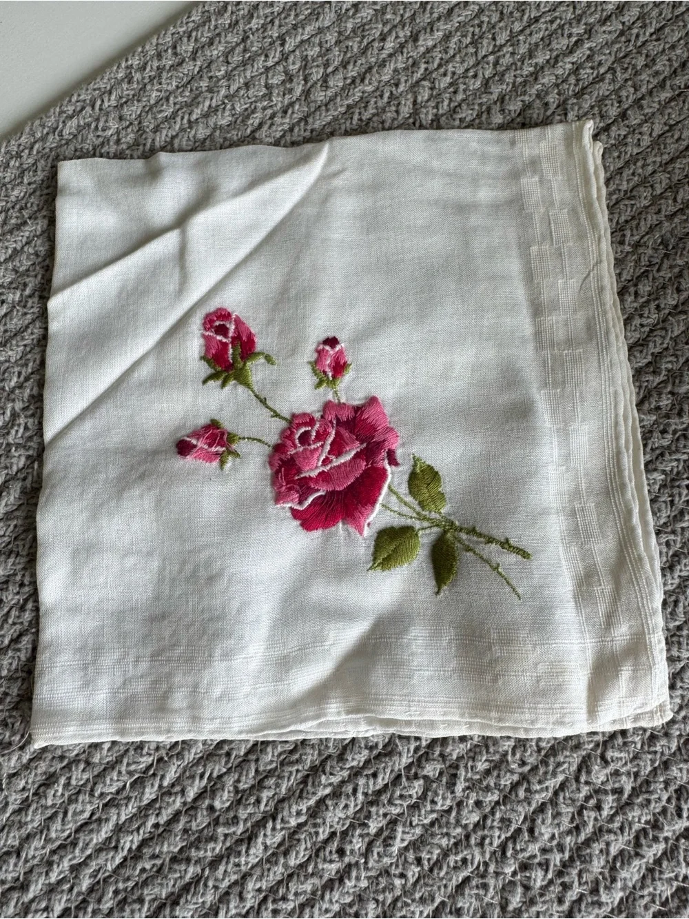 Vintage Set of 12 Floral Embroidered White Ivory Floral Linen Cotton Napkins
